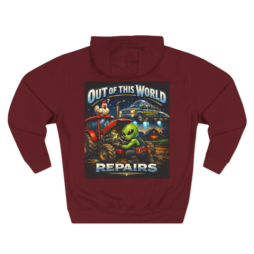 Alien Mechanic Hoodie — "Out of This World Repairs" Graphic Pullover
