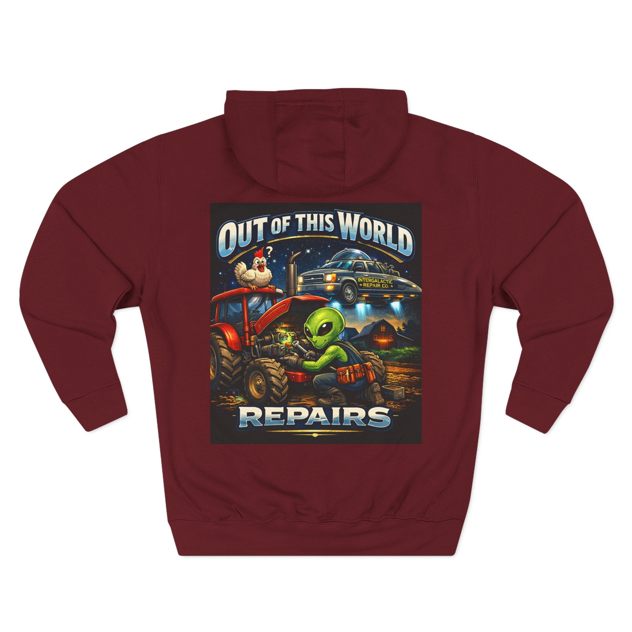 Alien Mechanic Hoodie — "Out of This World Repairs" Graphic Pullover