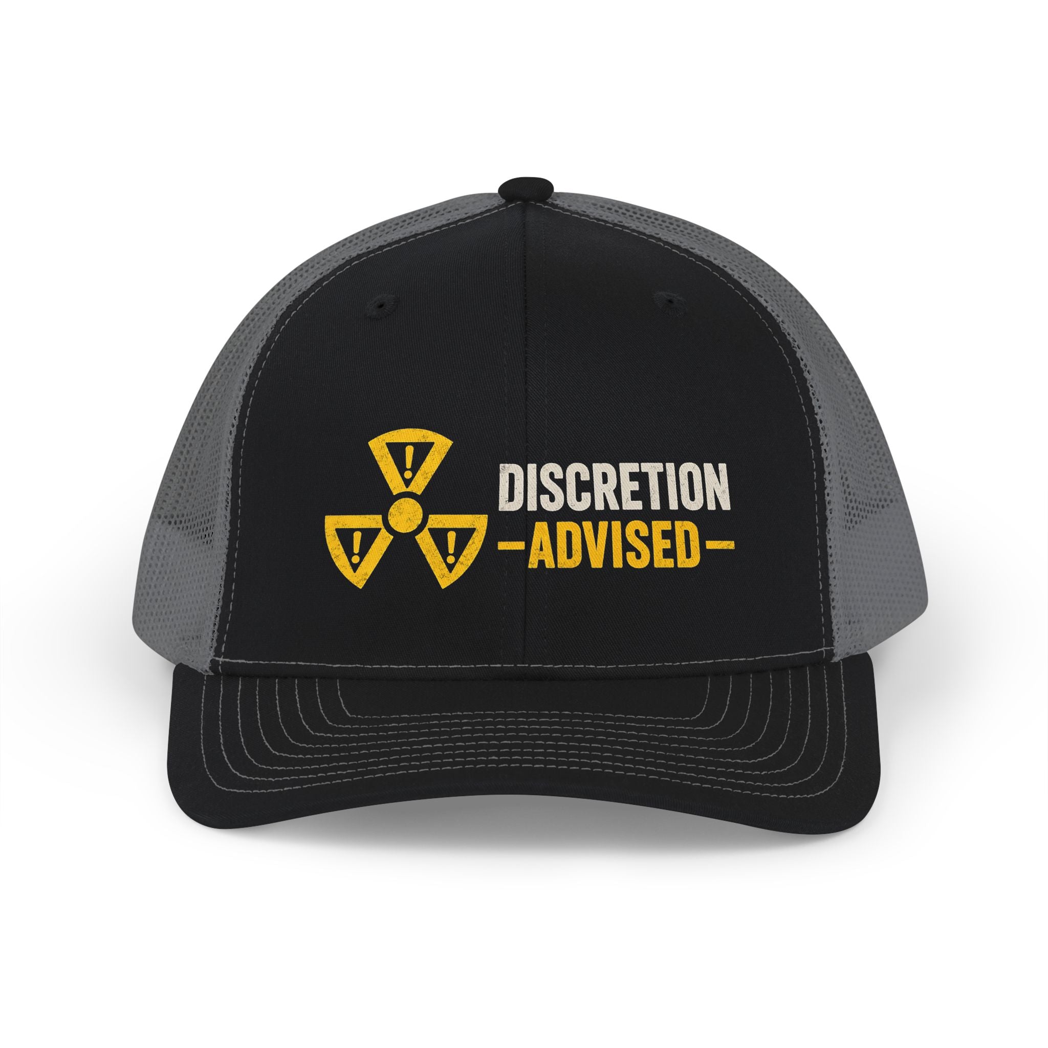 Discretion Advised Trucker Cap - Retro Radioactive Warning Snapback