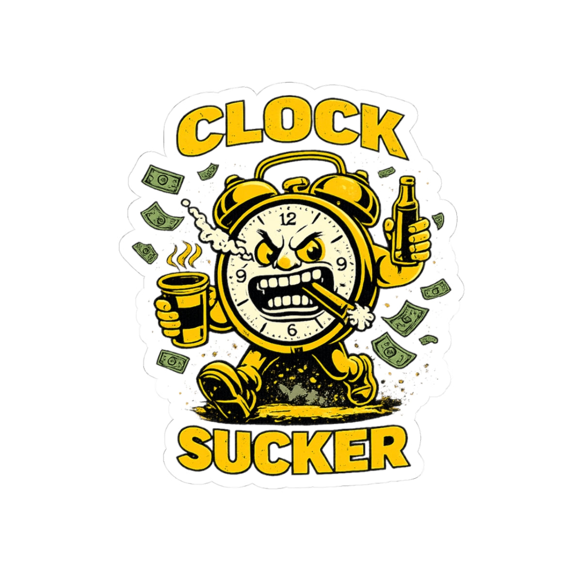 Clock Sucker Sticker — Funny Retro Alarm Clock Character with Cash & Coffee