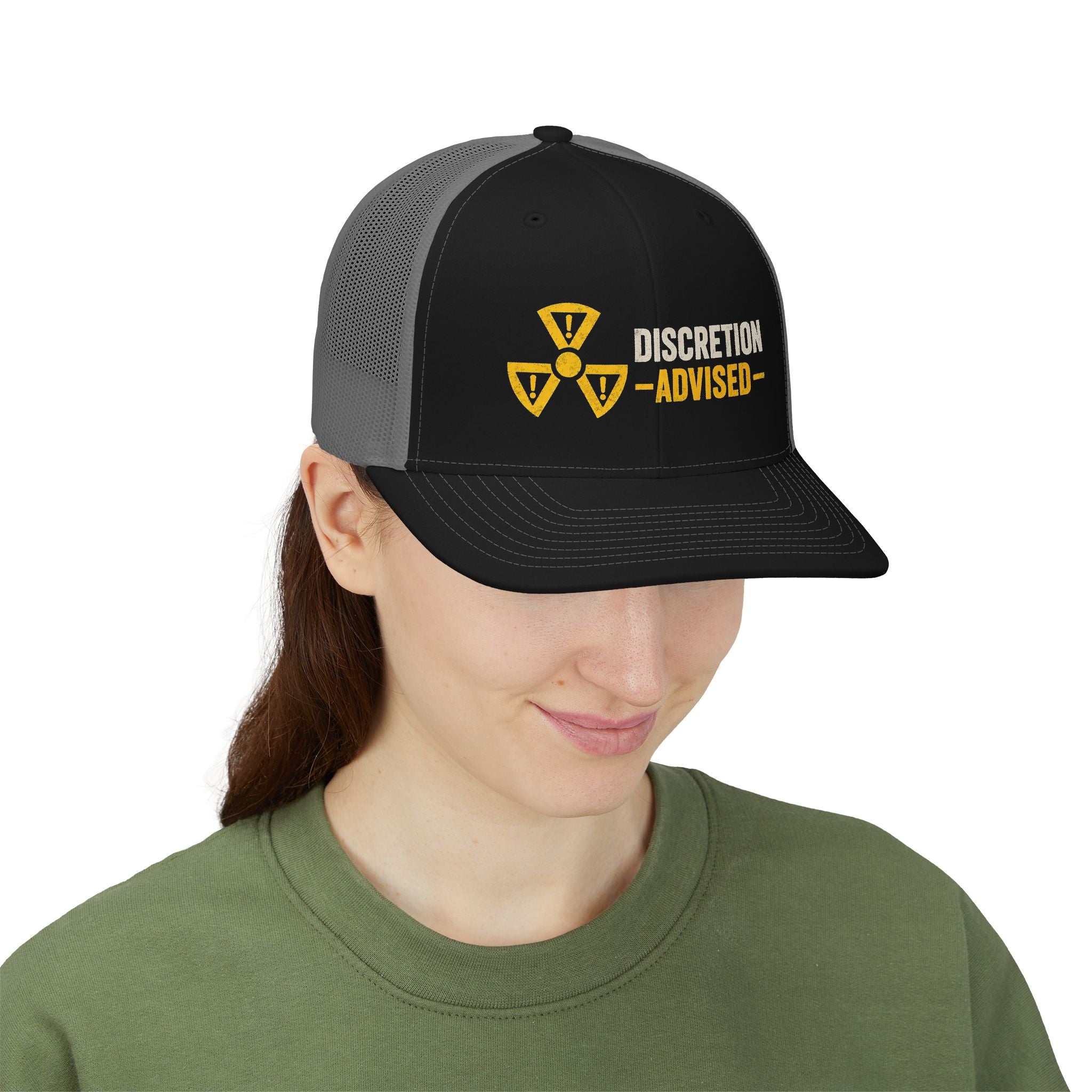 Discretion Advised Trucker Cap - Retro Radioactive Warning Snapback