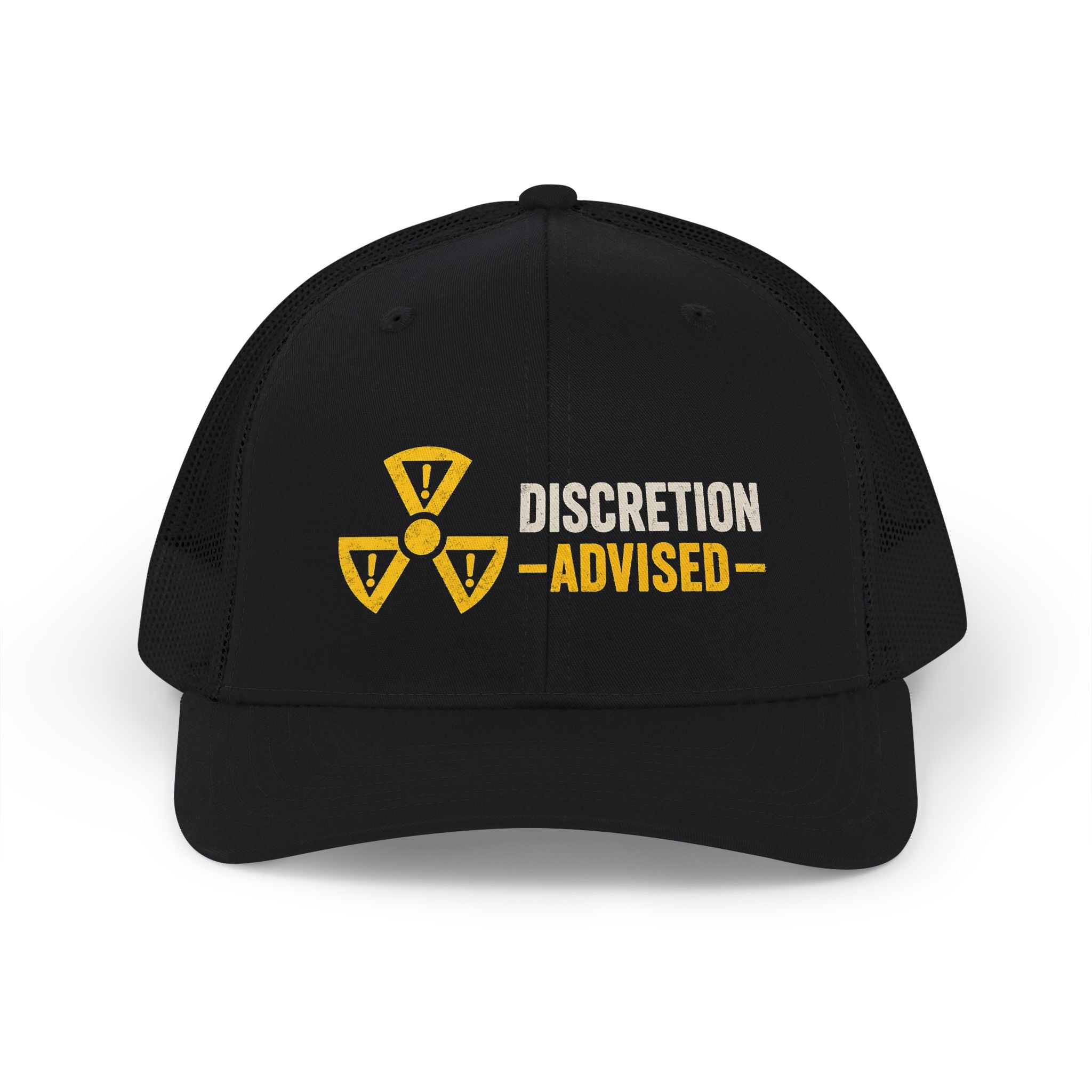 Discretion Advised Trucker Cap - Retro Radioactive Warning Snapback