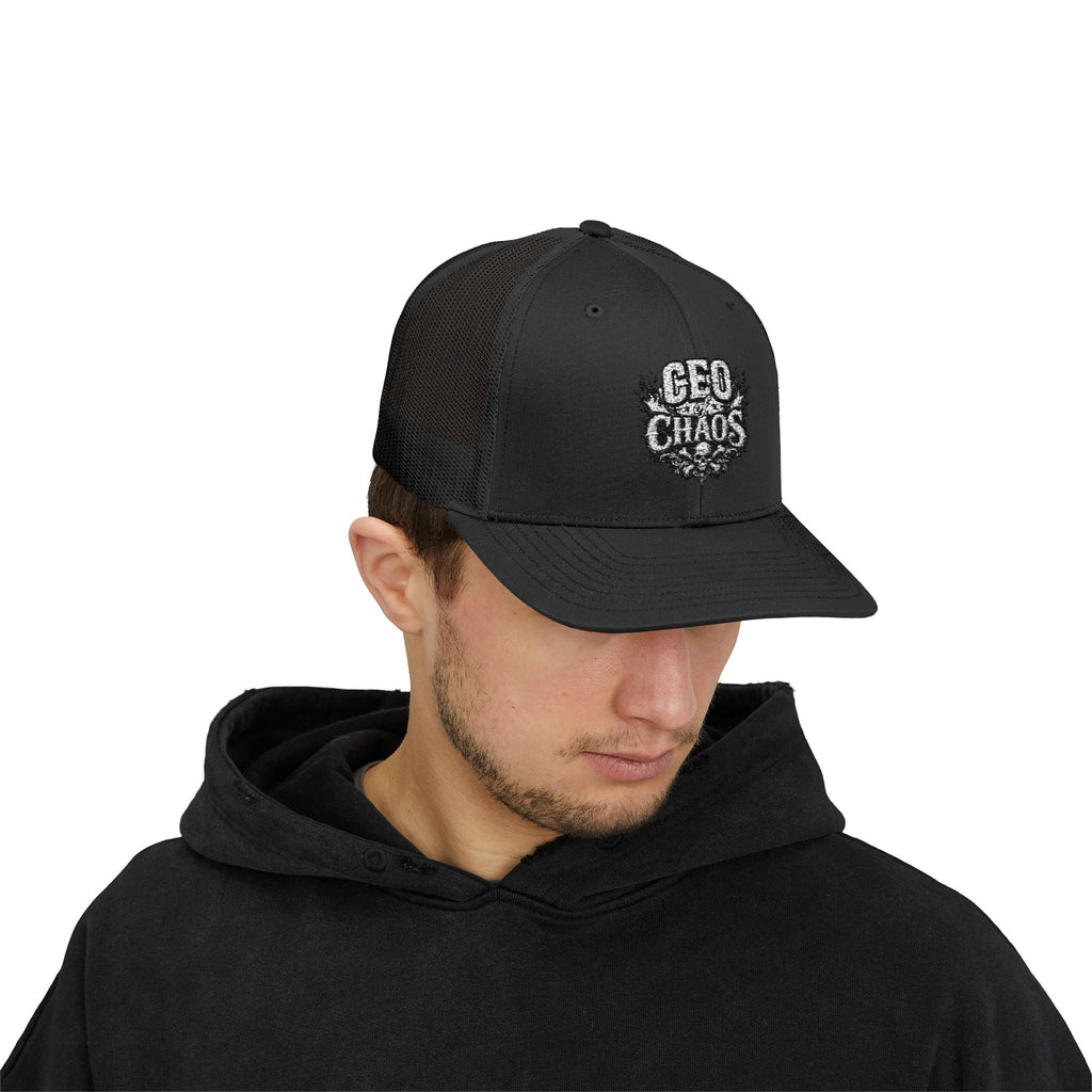 CEO of Chaos Trucker Cap — Distressed Graphic Snapback Hat for Outdoor & Streetwear