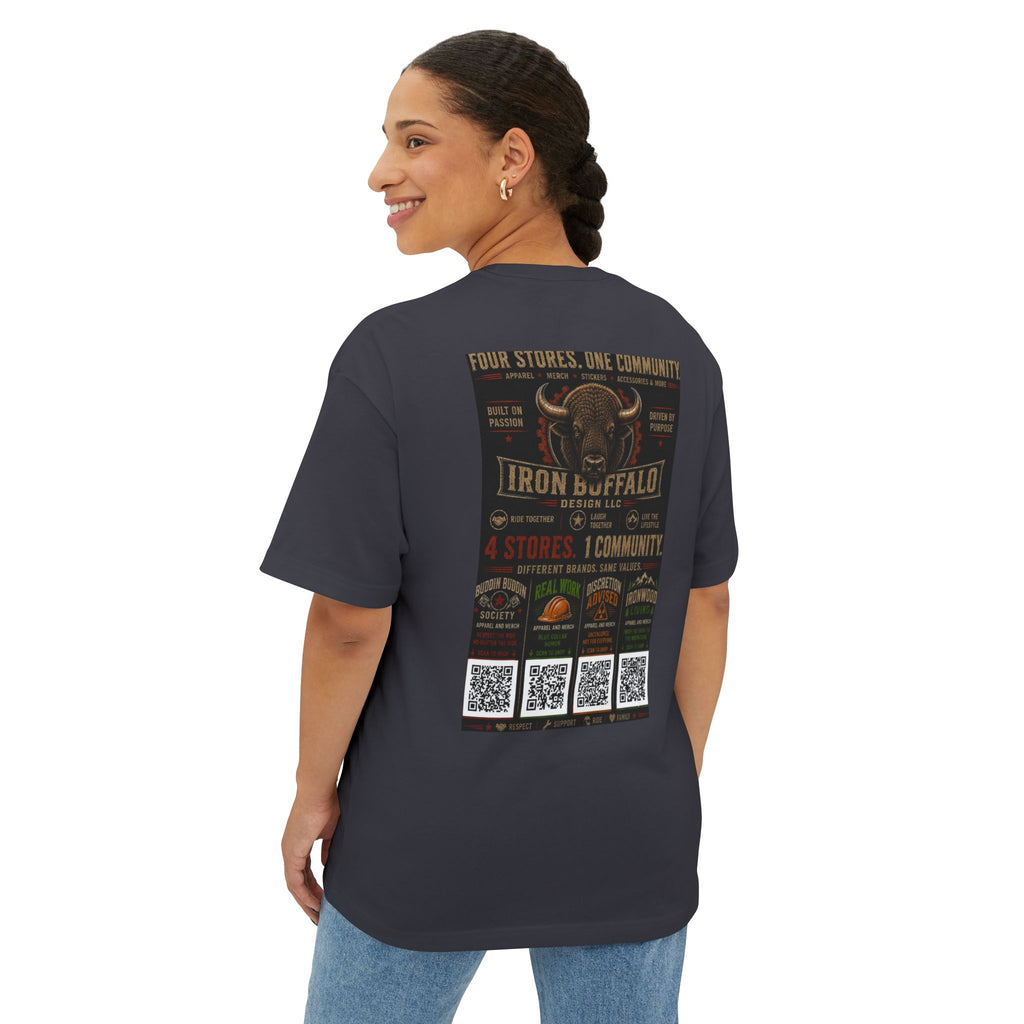 Iron Buffalo Design LLC — Small Gold 'Caution' Graphic Boxy T‑Shirt