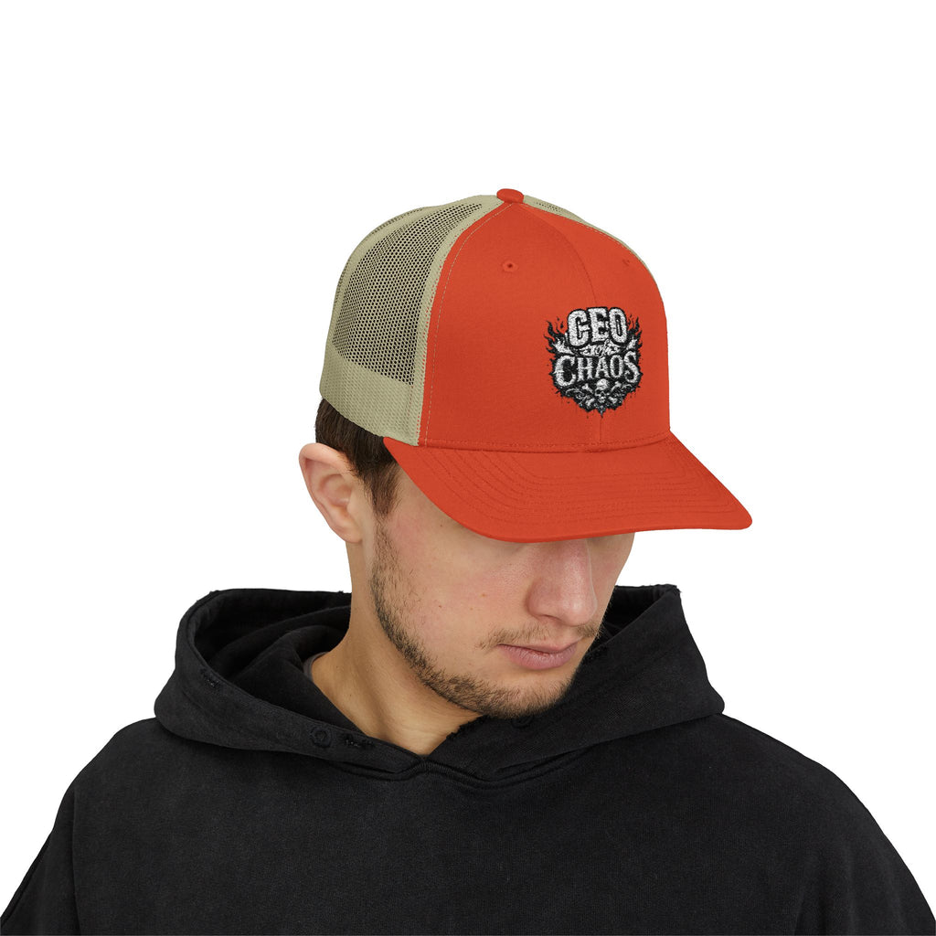 CEO of Chaos Trucker Cap — Distressed Graphic Snapback Hat for Outdoor & Streetwear
