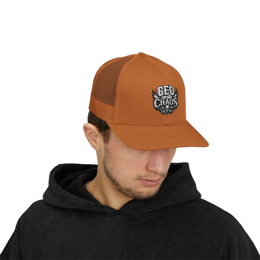 CEO of Chaos Trucker Cap — Distressed Graphic Snapback Hat for Outdoor & Streetwear