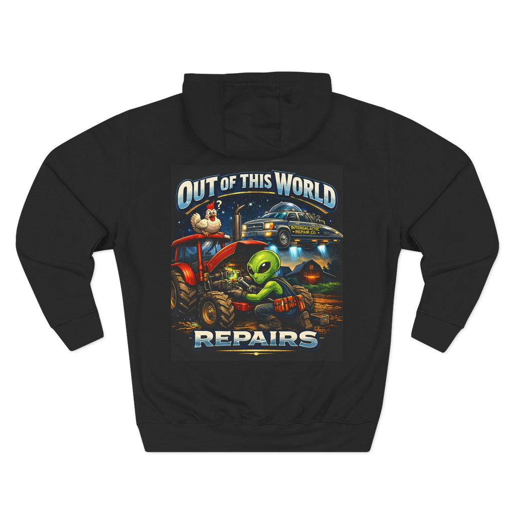 Alien Mechanic Hoodie — "Out of This World Repairs" Graphic Pullover