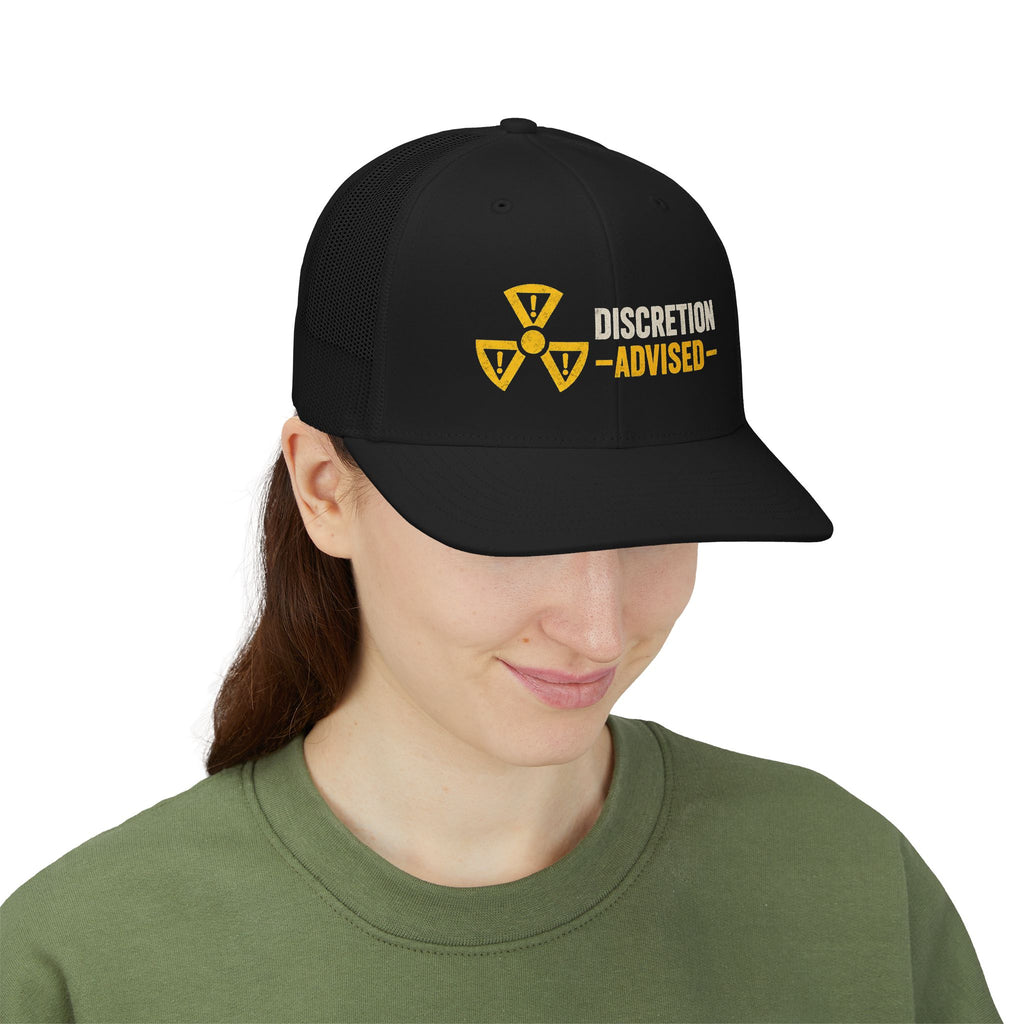Discretion Advised Trucker Cap - Retro Radioactive Warning Snapback
