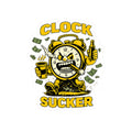 Clock Sucker Sticker — Funny Retro Alarm Clock Character with Cash & Coffee