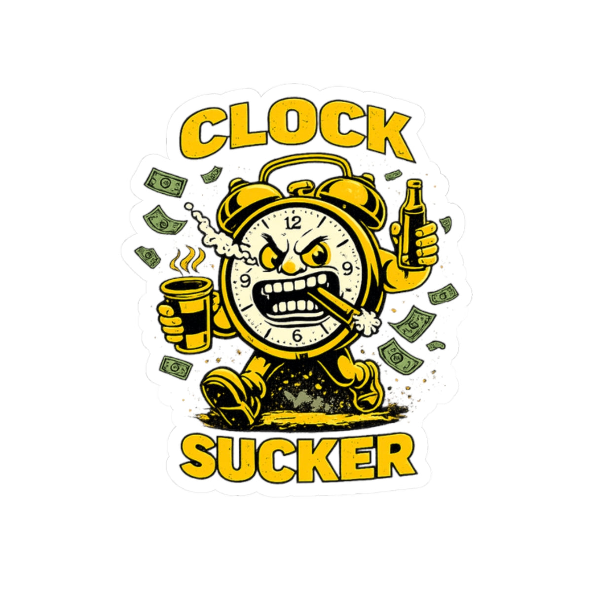 Clock Sucker Sticker — Funny Retro Alarm Clock Character with Cash & Coffee