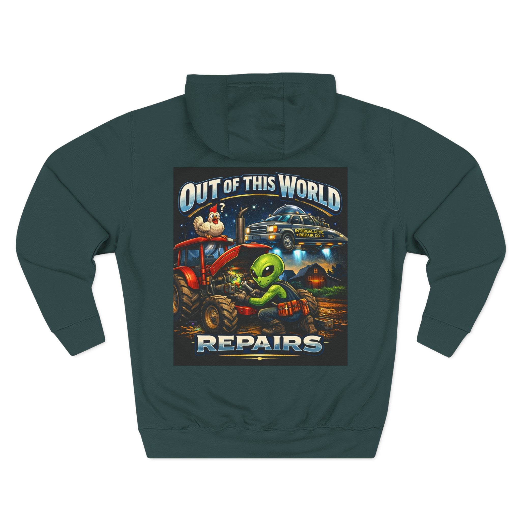 Alien Mechanic Hoodie — "Out of This World Repairs" Graphic Pullover