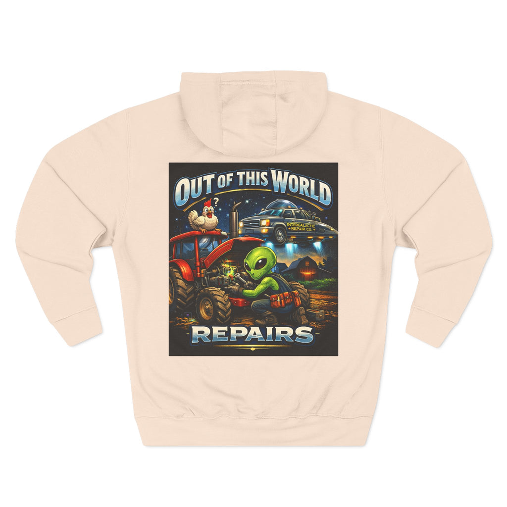 Alien Mechanic Hoodie — "Out of This World Repairs" Graphic Pullover
