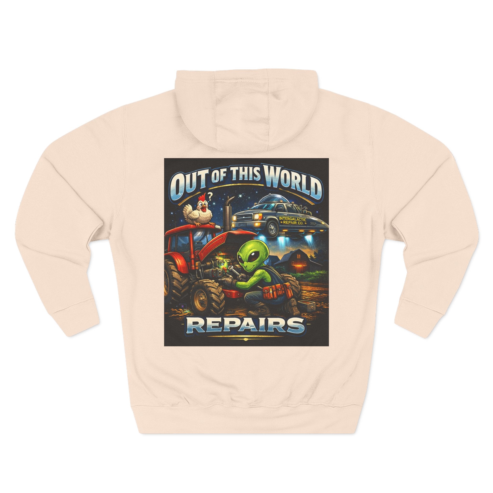 Alien Mechanic Hoodie — "Out of This World Repairs" Graphic Pullover