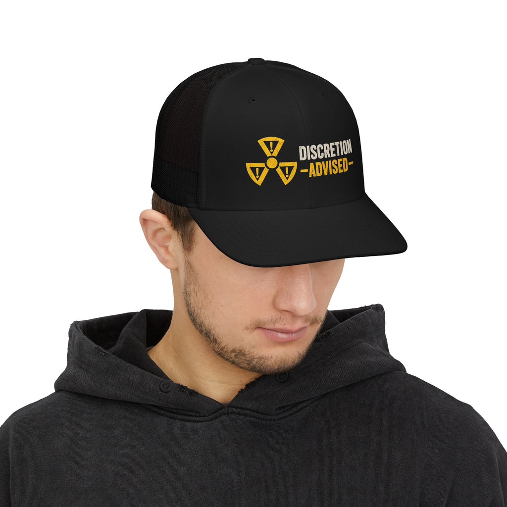 Discretion Advised Trucker Cap - Retro Radioactive Warning Snapback