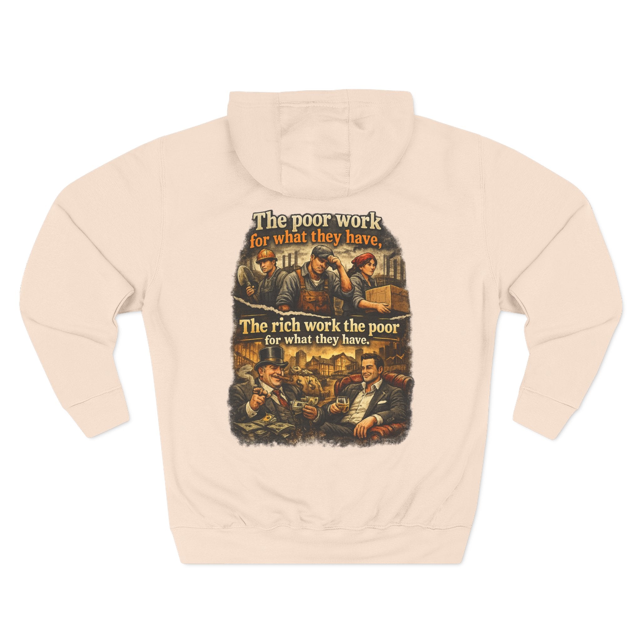 Three-Panel Fleece Hoodie — Vintage Worker vs. Rich Illustration Pullover
