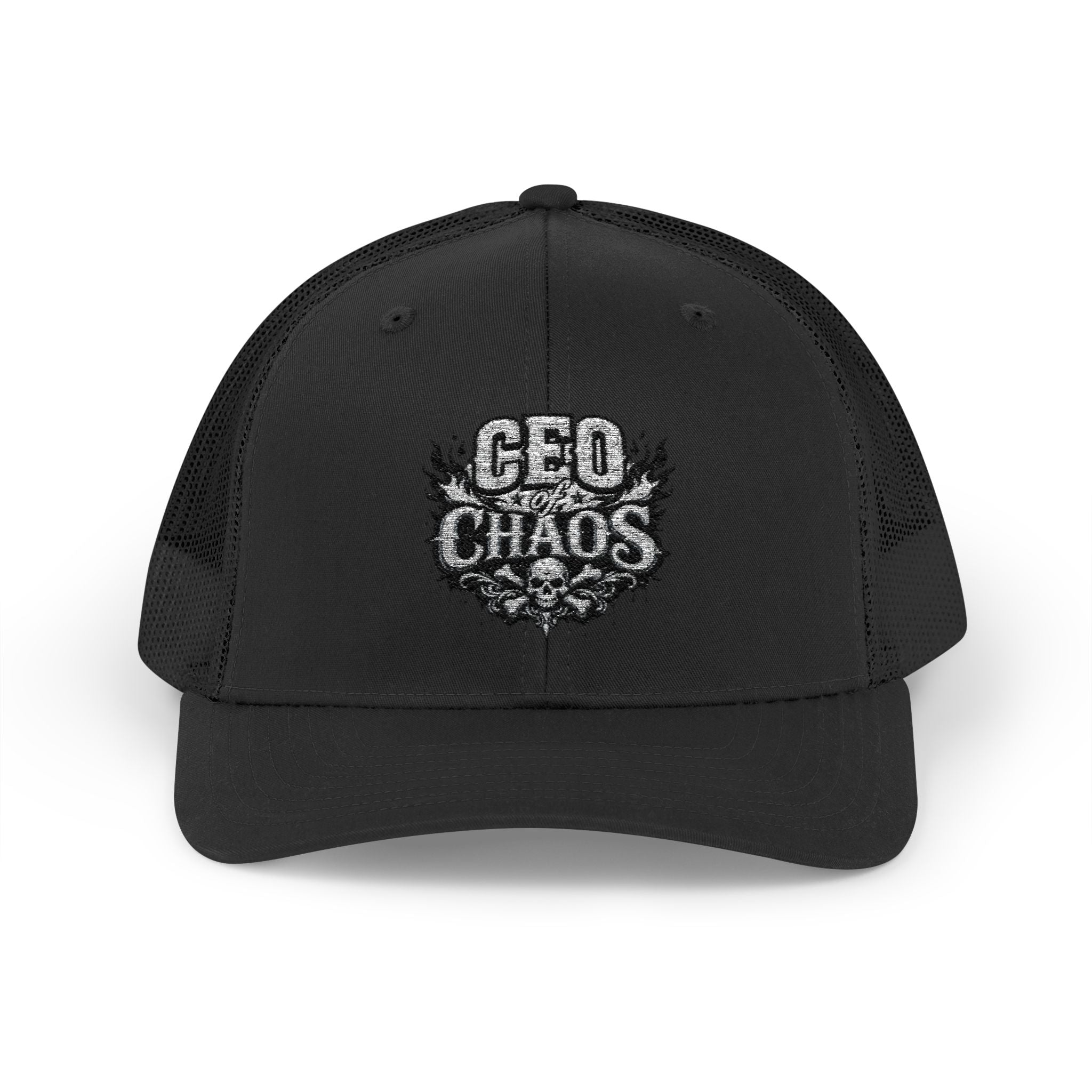 CEO of Chaos Trucker Cap — Distressed Graphic Snapback Hat for Outdoor & Streetwear