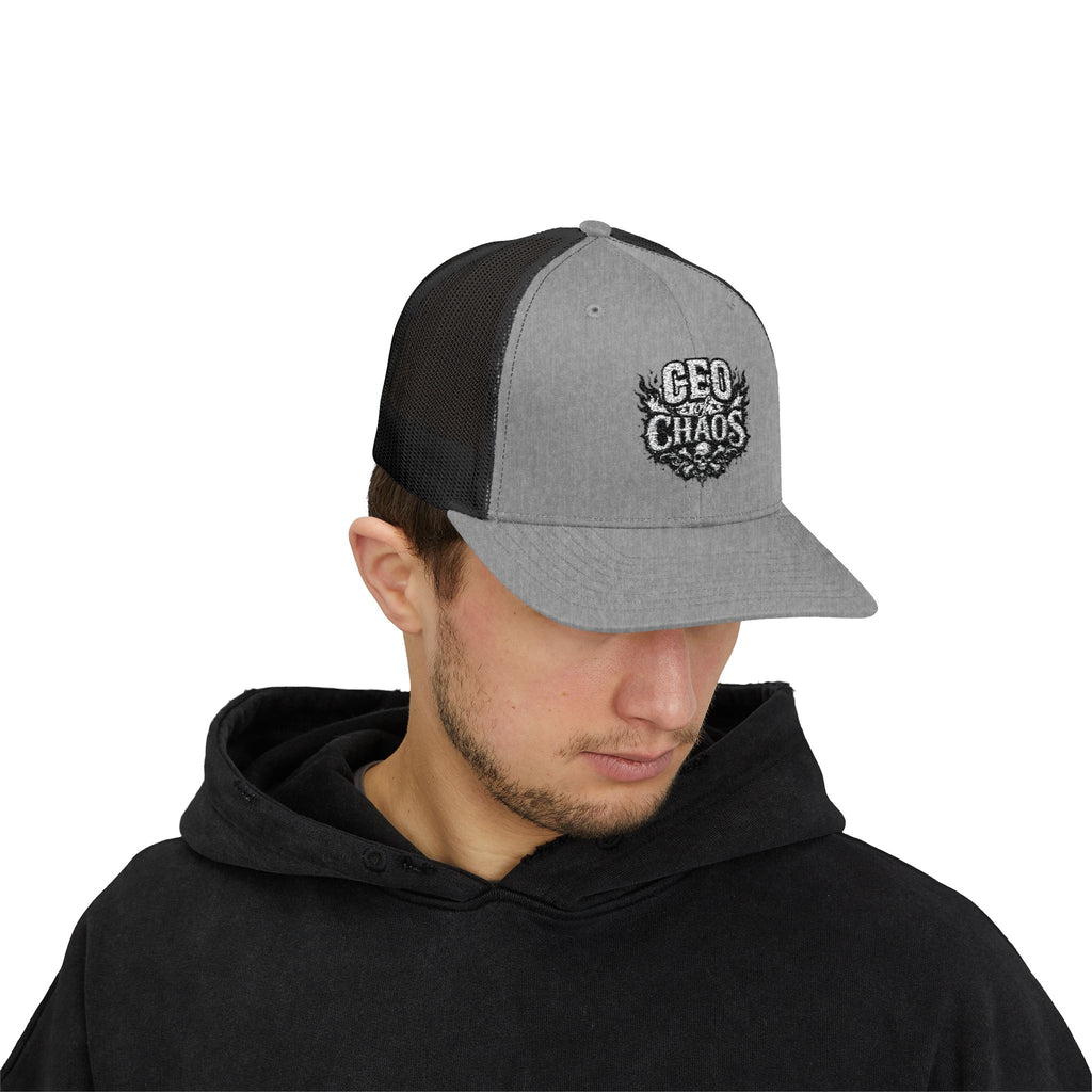 CEO of Chaos Trucker Cap — Distressed Graphic Snapback Hat for Outdoor & Streetwear
