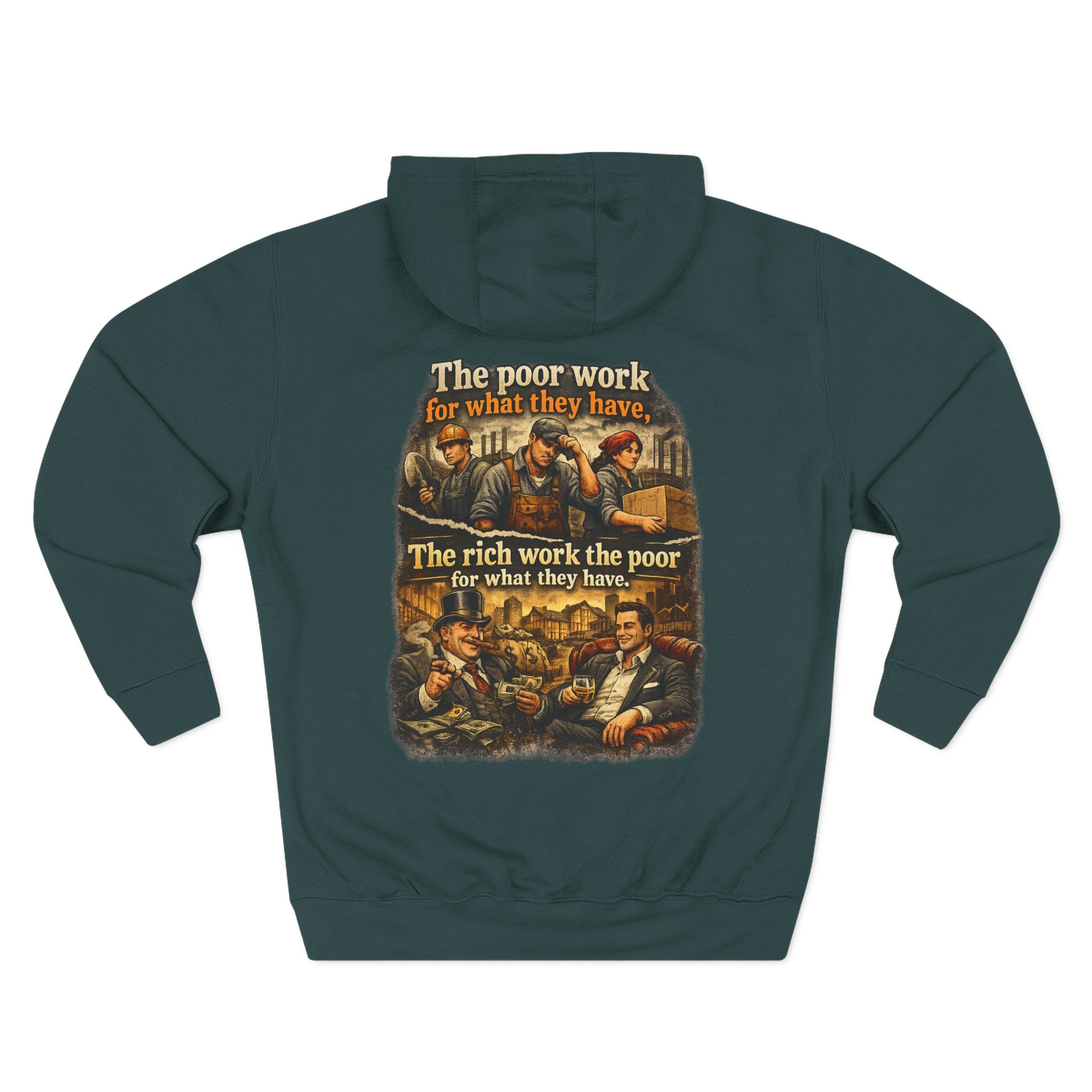 Three-Panel Fleece Hoodie — Vintage Worker vs. Rich Illustration Pullover