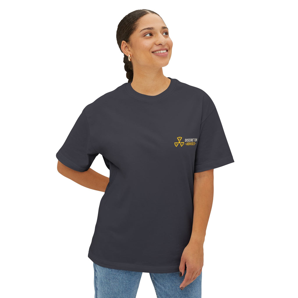 Iron Buffalo Design LLC — Small Gold 'Caution' Graphic Boxy T‑Shirt