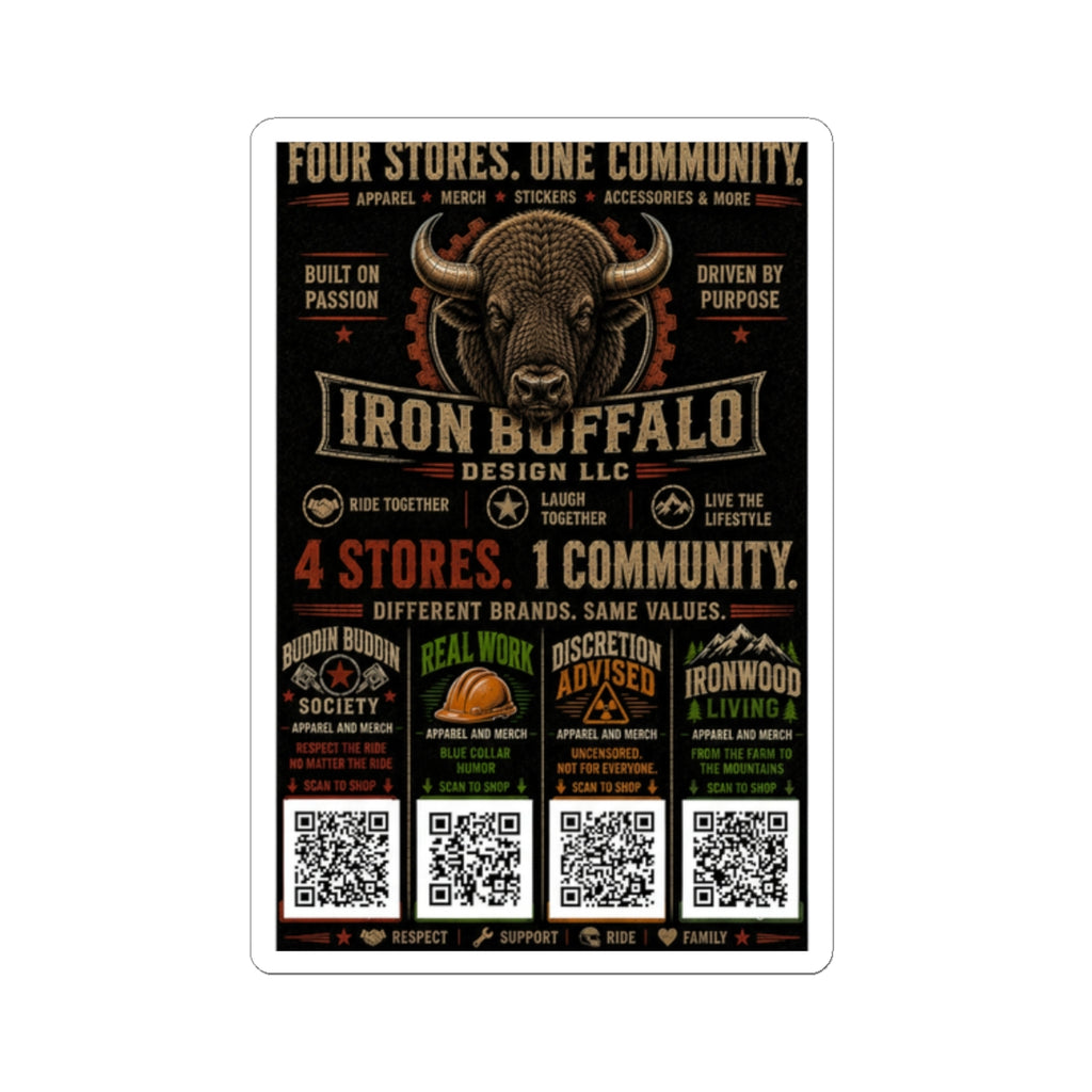 Iron Buffalo Kiss-Cut Sticker — '4 Stores. 1 Community.' Vintage Buffalo Logo Sticker