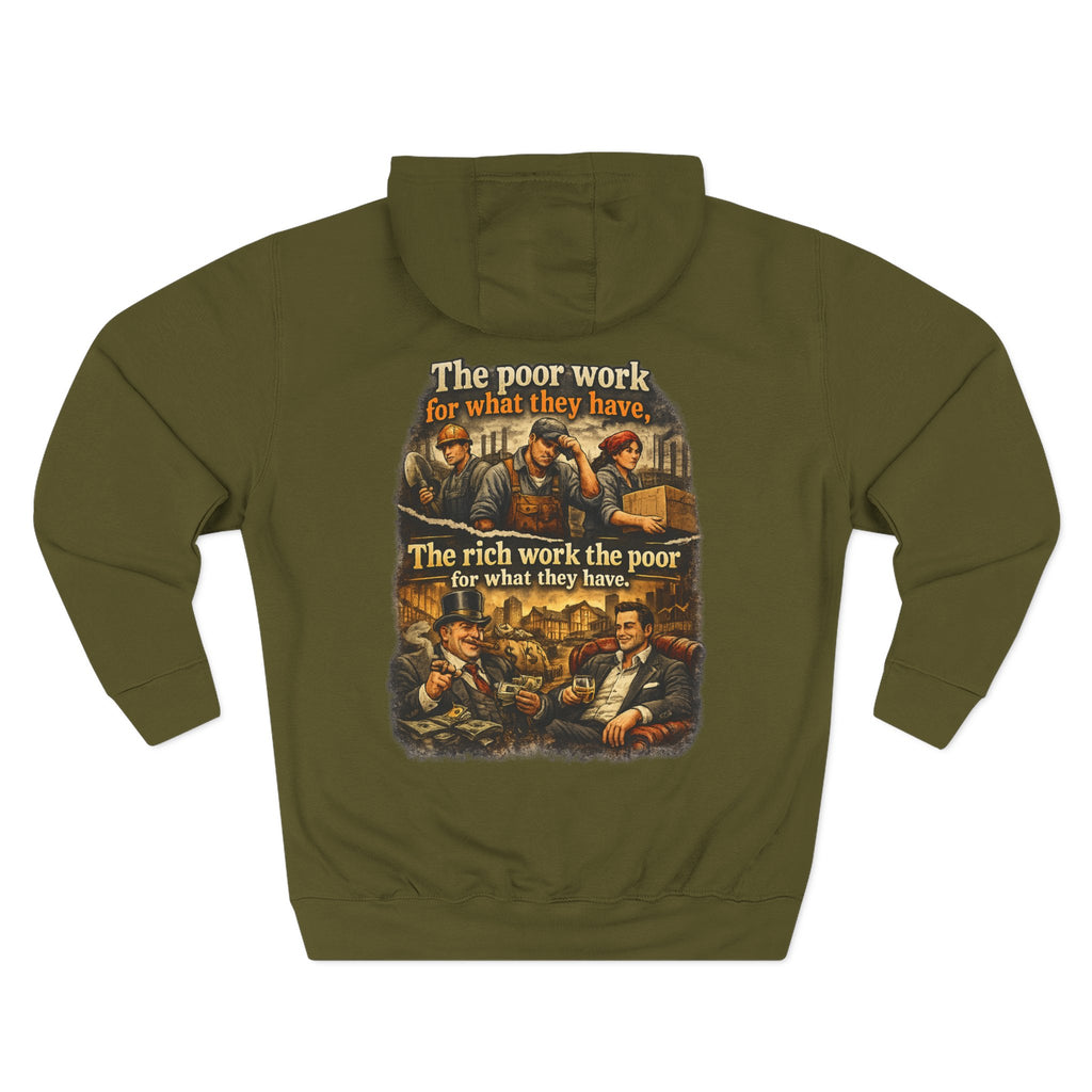 Three-Panel Fleece Hoodie — Vintage Worker vs. Rich Illustration Pullover