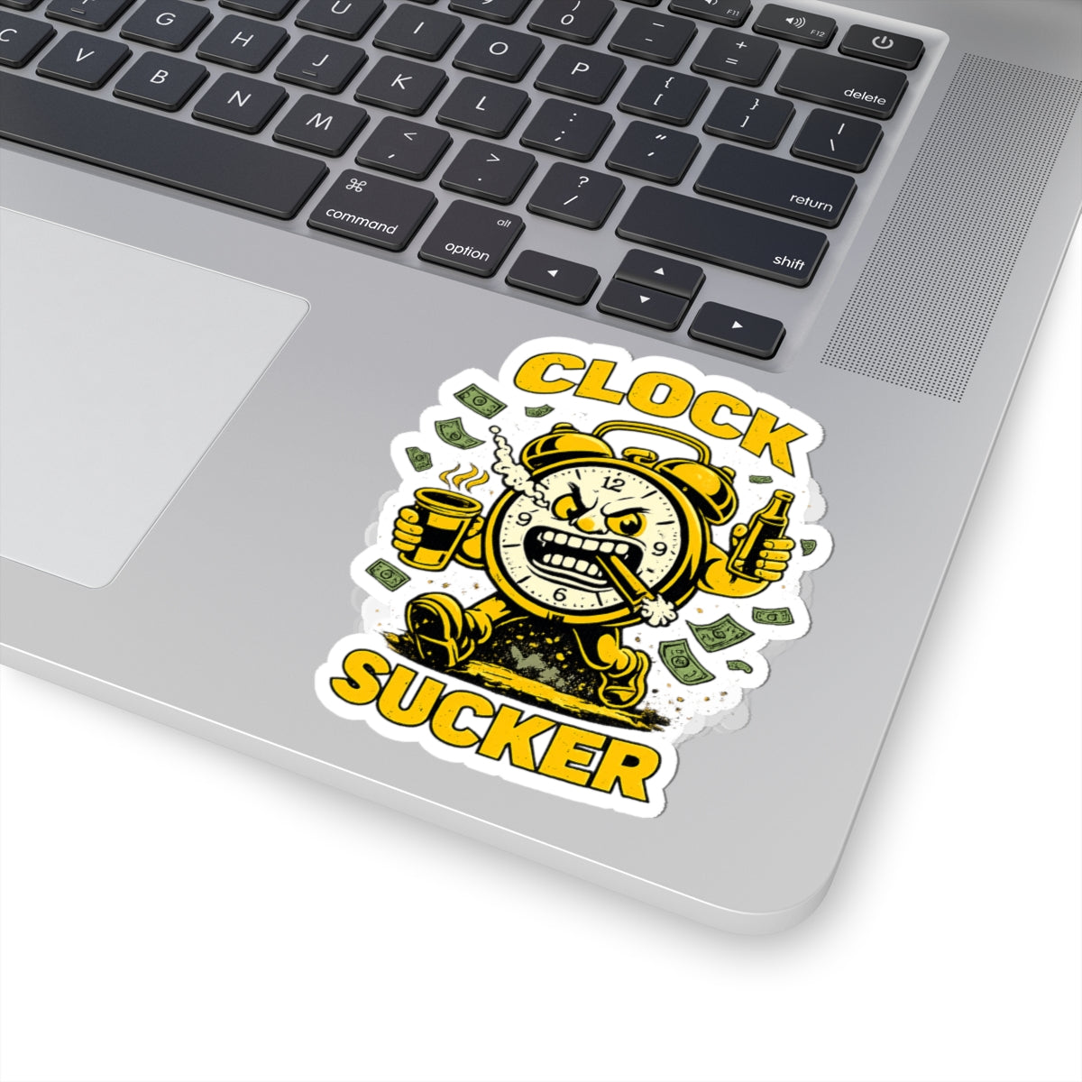 Clock Sucker Sticker — Funny Retro Alarm Clock Character with Cash & Coffee