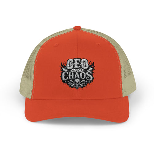CEO of Chaos Trucker Cap — Distressed Graphic Snapback Hat for Outdoor & Streetwear