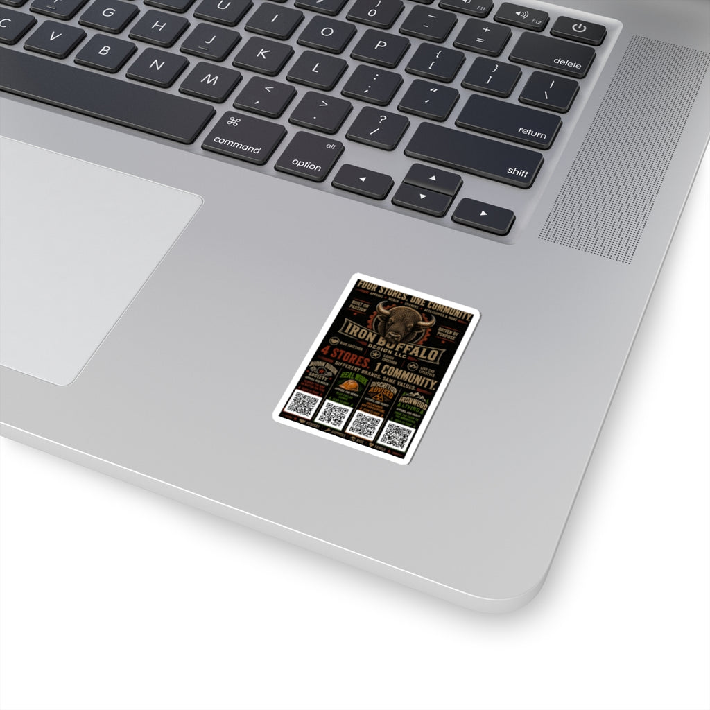 Iron Buffalo Kiss-Cut Sticker — '4 Stores. 1 Community.' Vintage Buffalo Logo Sticker