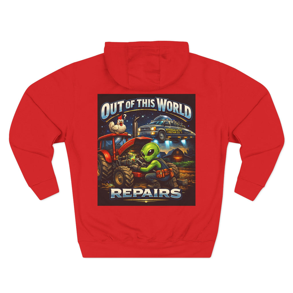 Alien Mechanic Hoodie — "Out of This World Repairs" Graphic Pullover