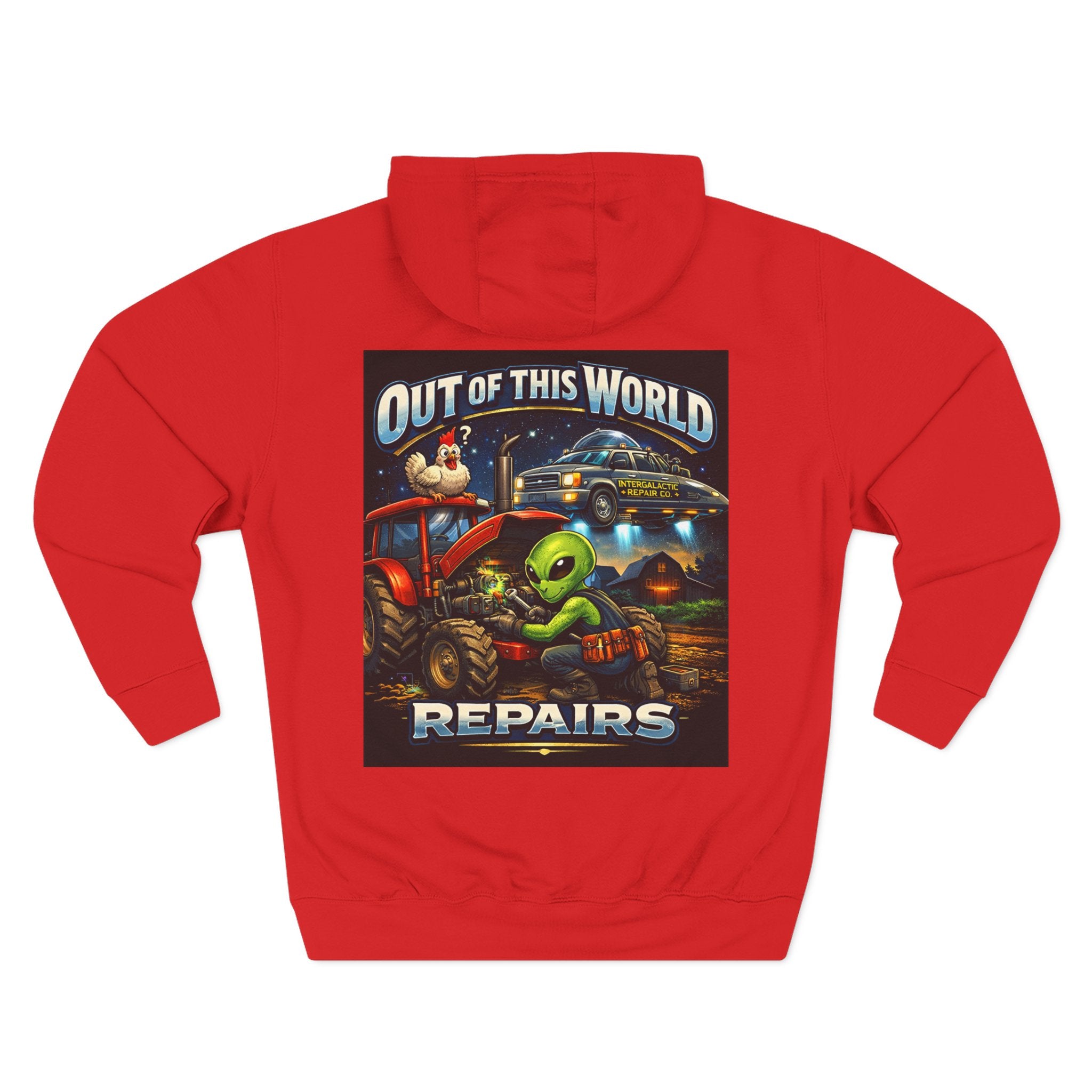 Alien Mechanic Hoodie — "Out of This World Repairs" Graphic Pullover