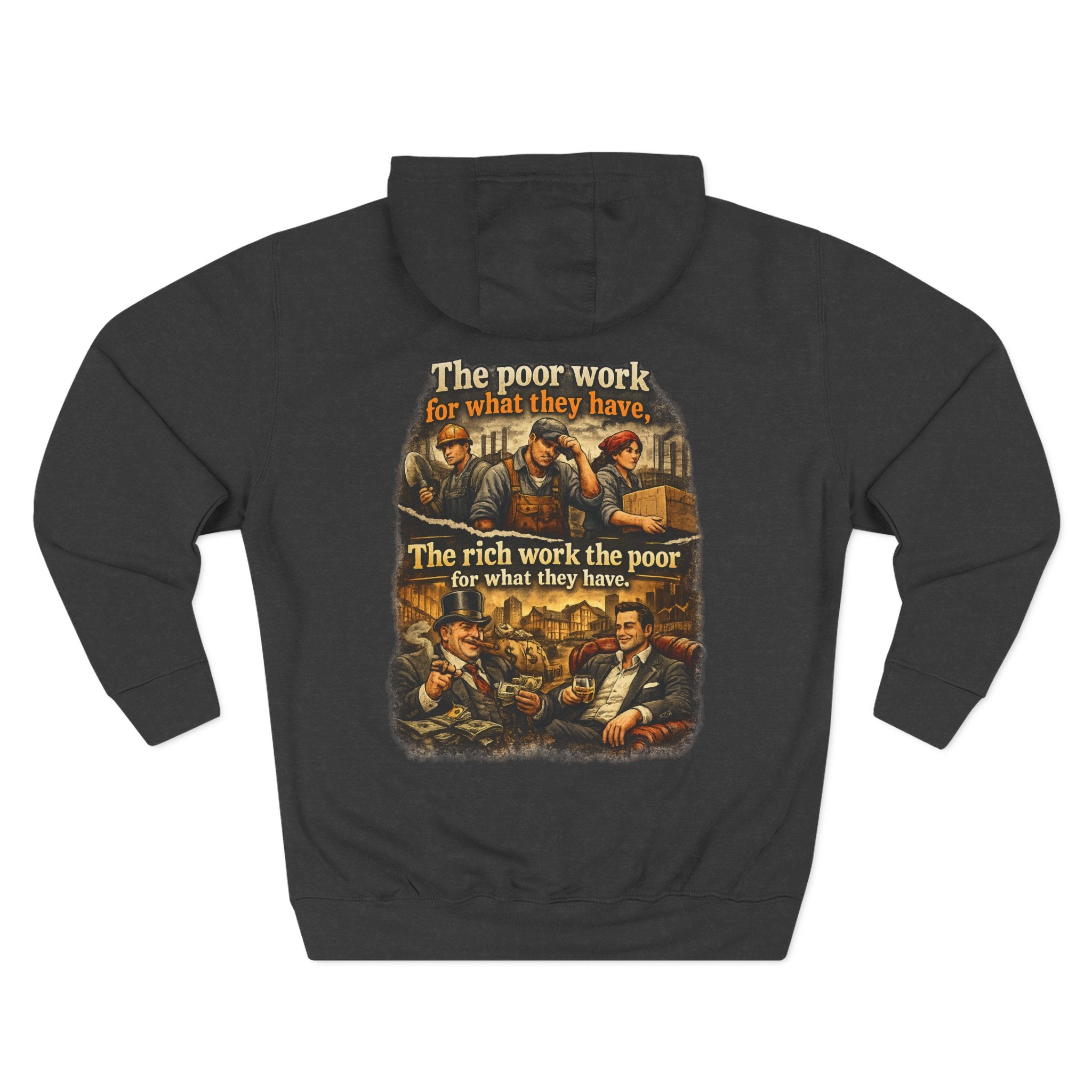 Three-Panel Fleece Hoodie — Vintage Worker vs. Rich Illustration Pullover