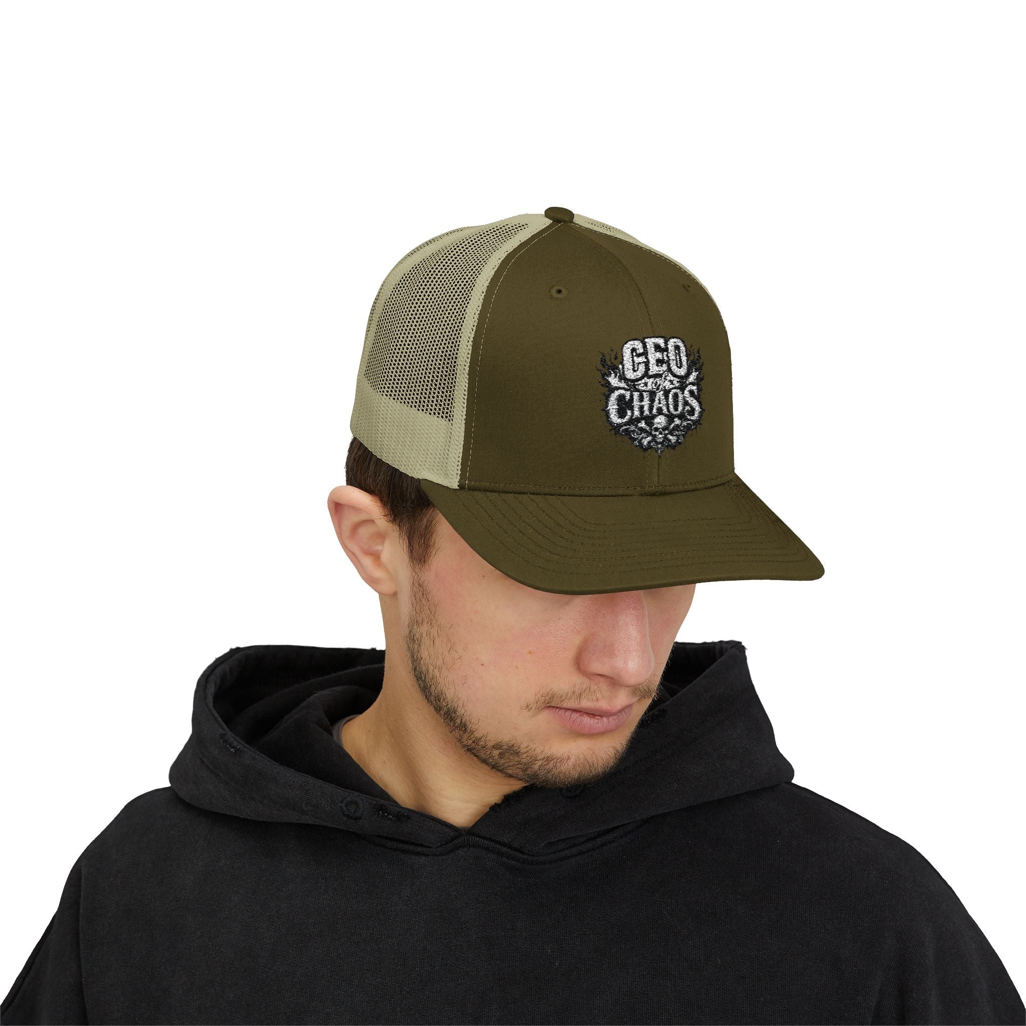 CEO of Chaos Trucker Cap — Distressed Graphic Snapback Hat for Outdoor & Streetwear