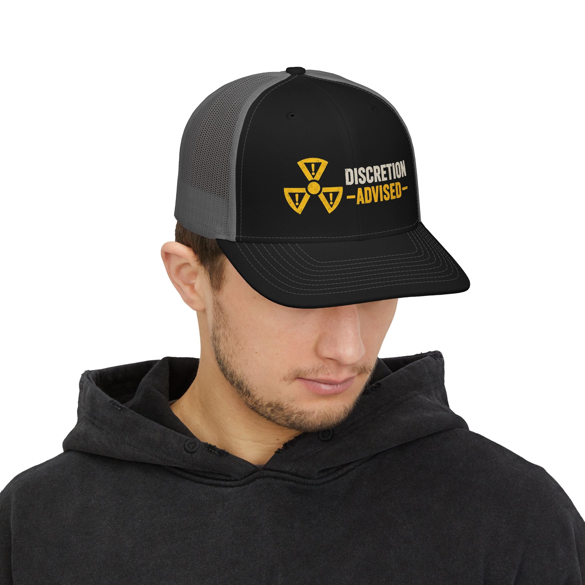 Discretion Advised Trucker Cap - Retro Radioactive Warning Snapback