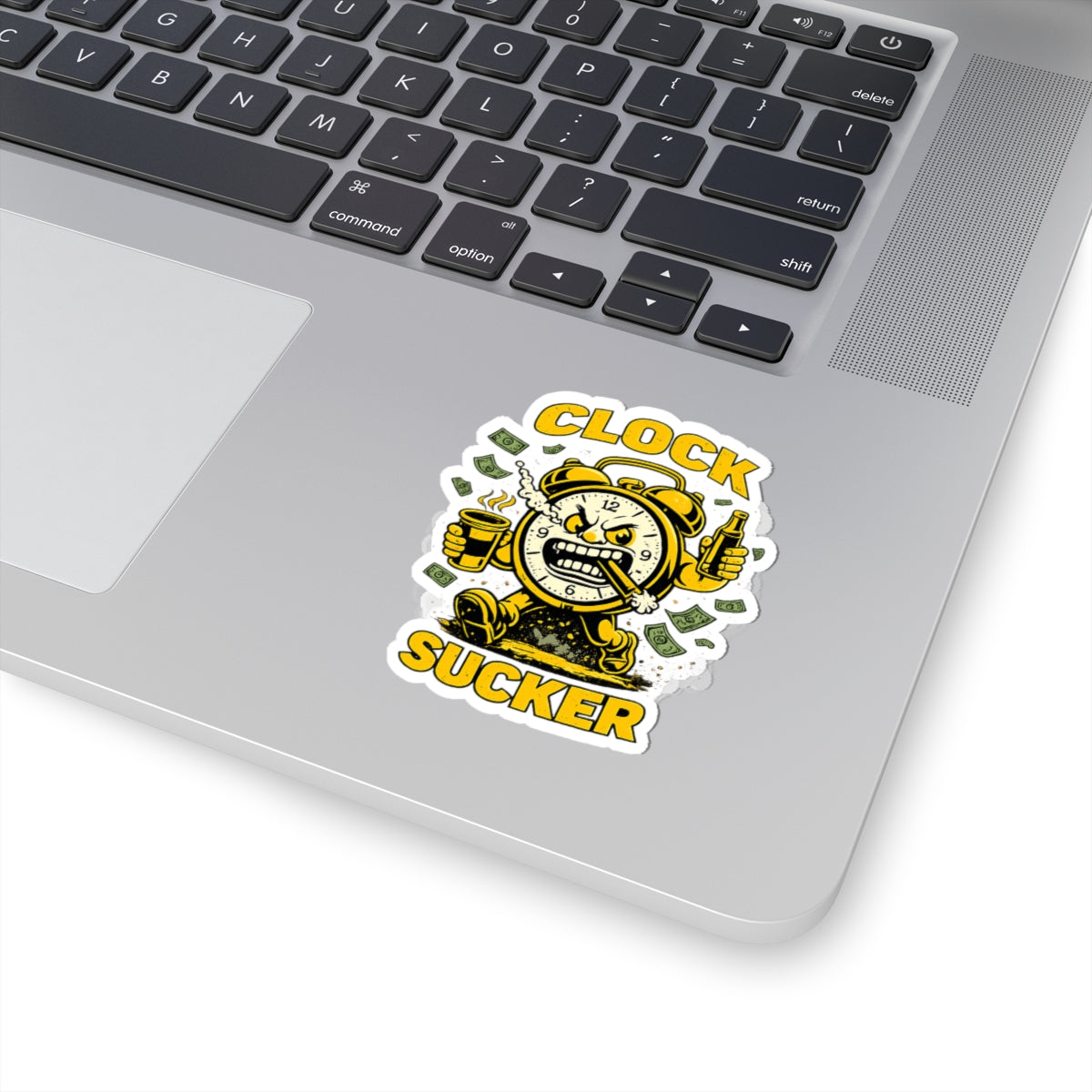 Clock Sucker Sticker — Funny Retro Alarm Clock Character with Cash & Coffee