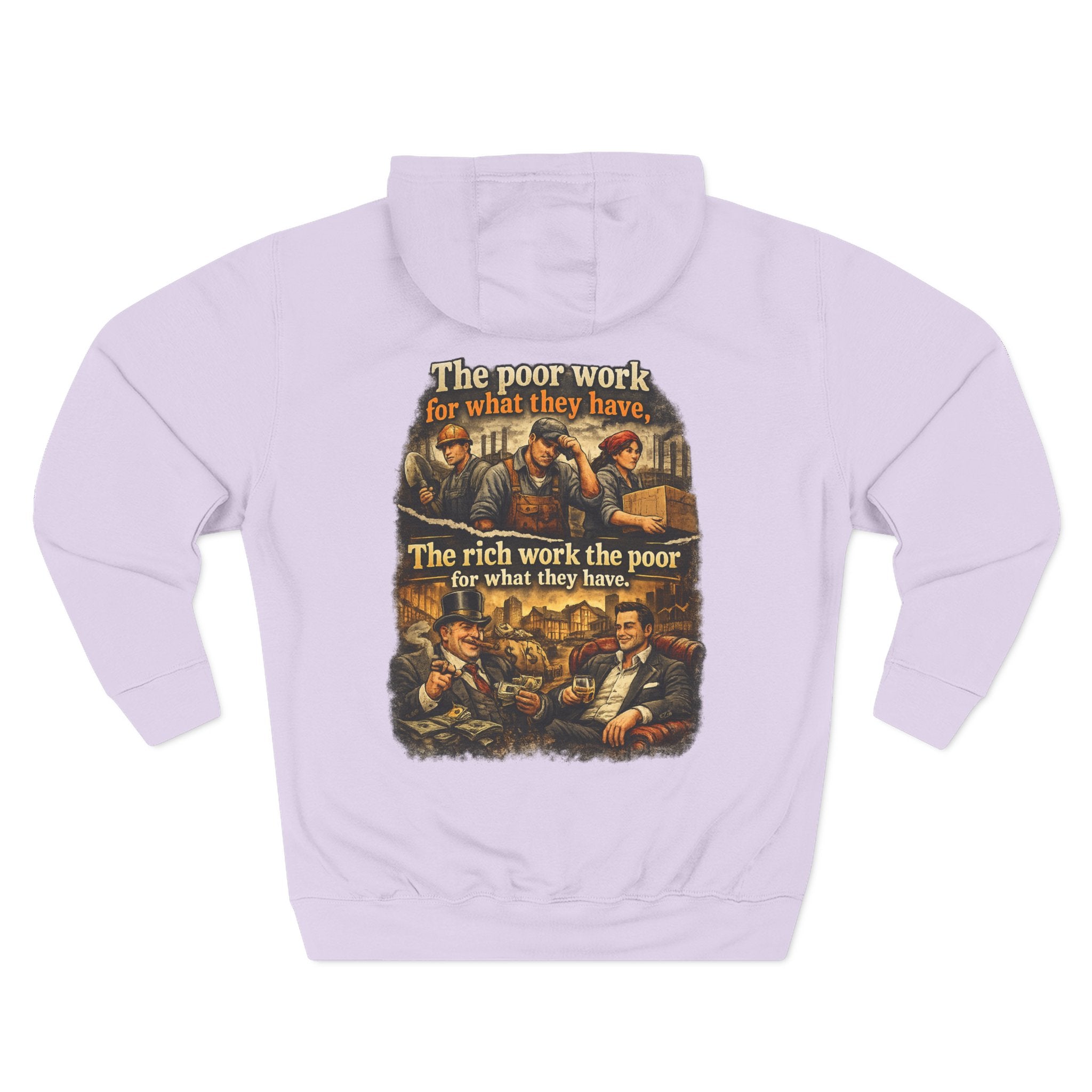 Three-Panel Fleece Hoodie — Vintage Worker vs. Rich Illustration Pullover