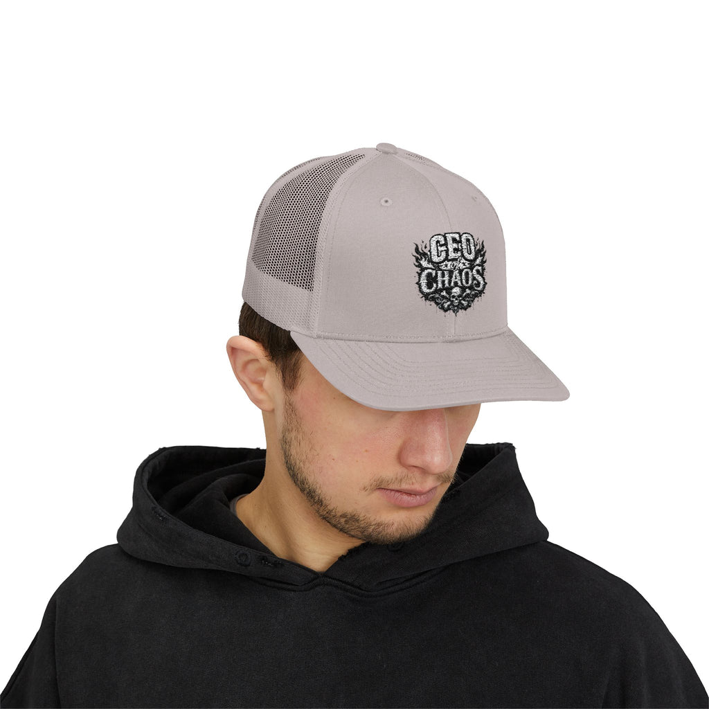 CEO of Chaos Trucker Cap — Distressed Graphic Snapback Hat for Outdoor & Streetwear