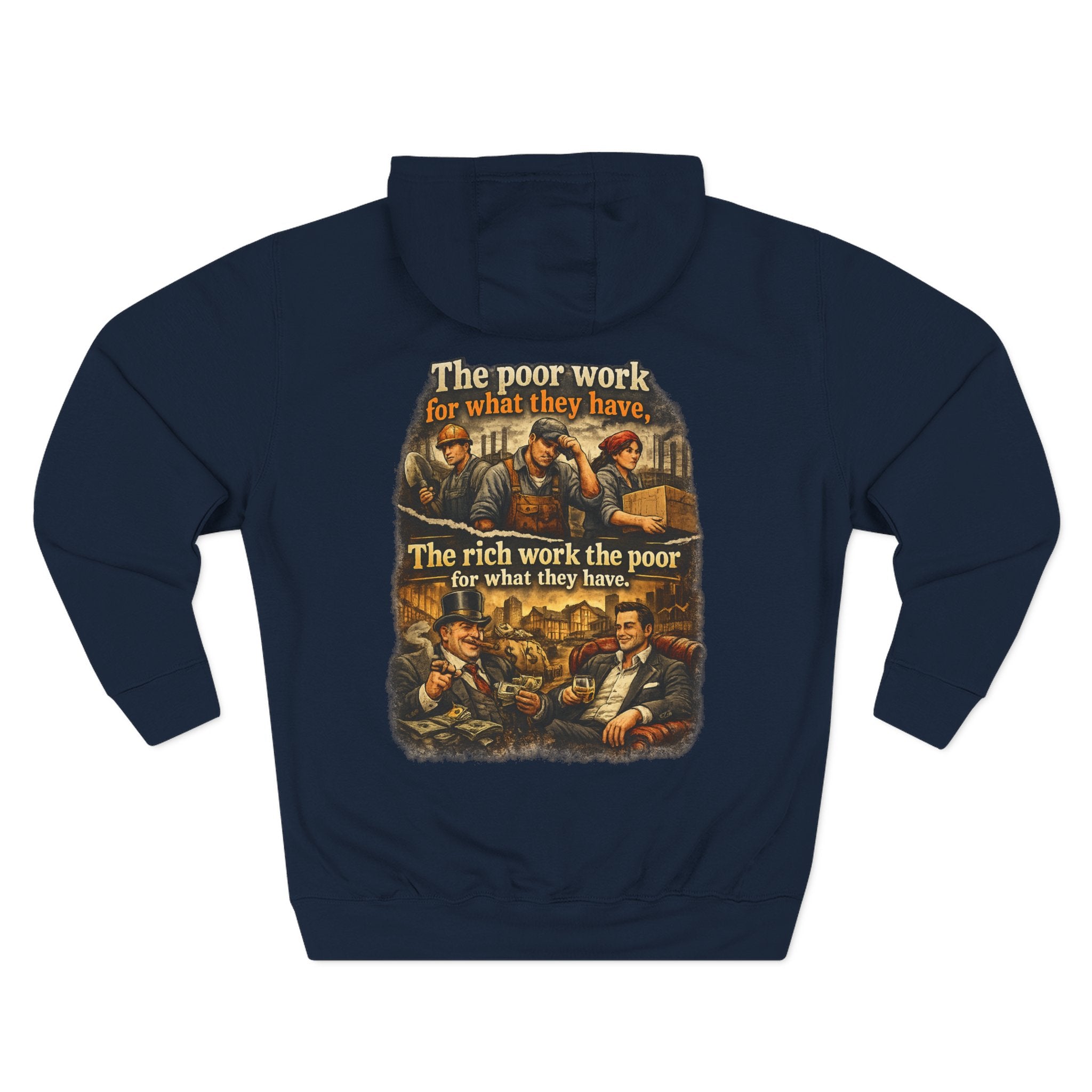 Three-Panel Fleece Hoodie — Vintage Worker vs. Rich Illustration Pullover