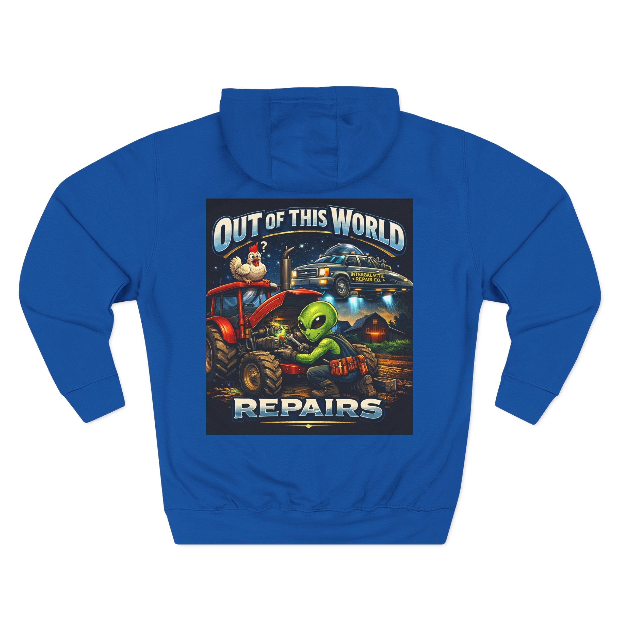 Alien Mechanic Hoodie — "Out of This World Repairs" Graphic Pullover