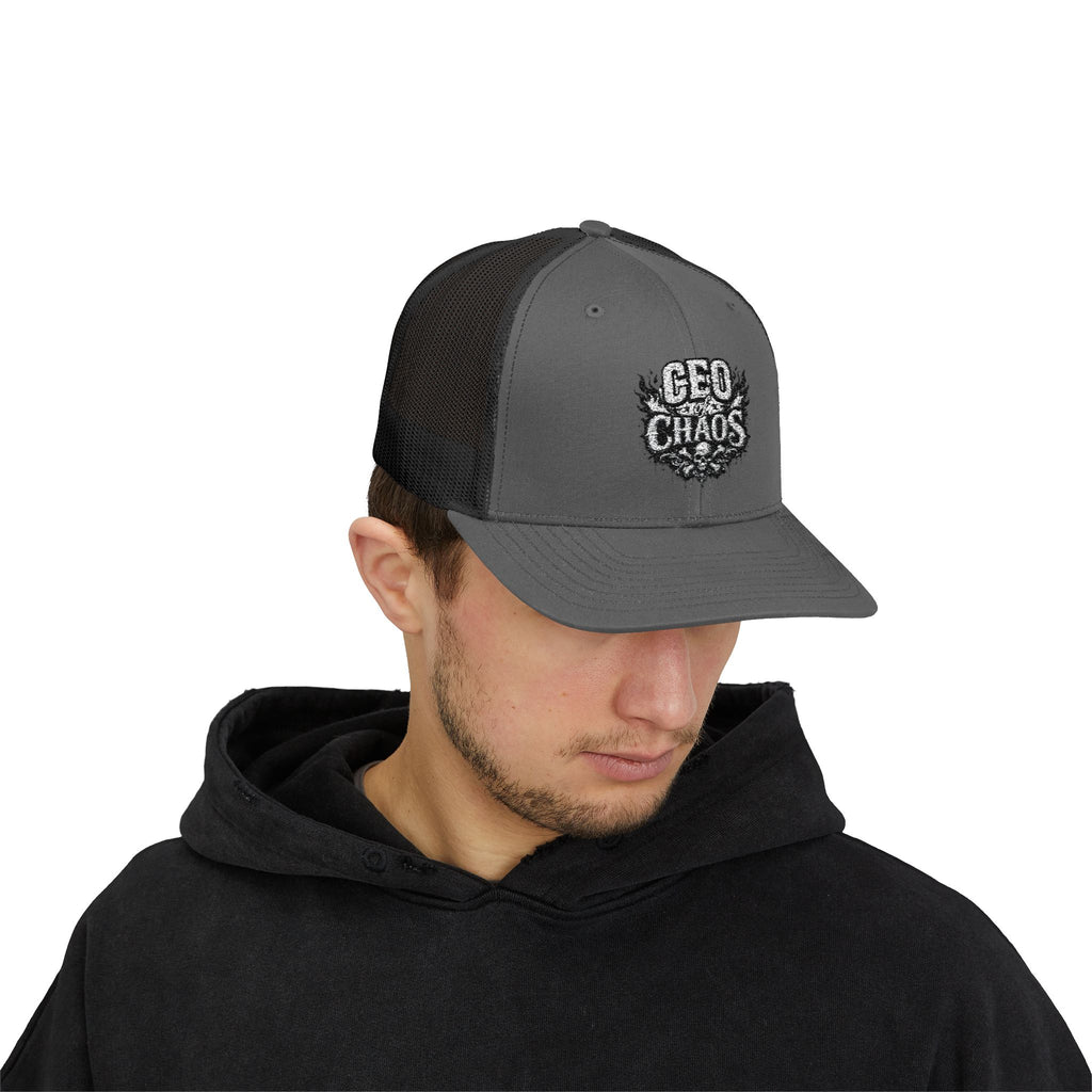 CEO of Chaos Trucker Cap — Distressed Graphic Snapback Hat for Outdoor & Streetwear