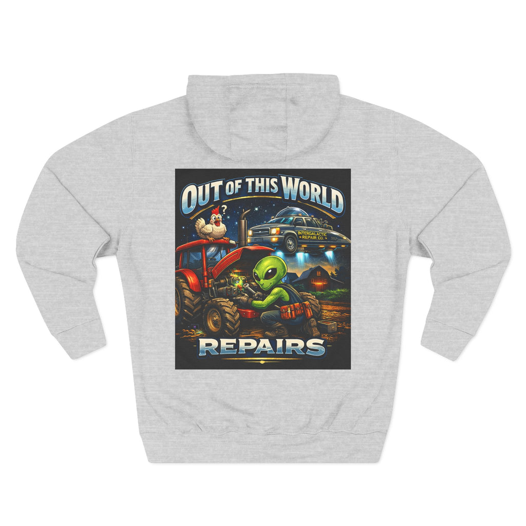 Alien Mechanic Hoodie — "Out of This World Repairs" Graphic Pullover