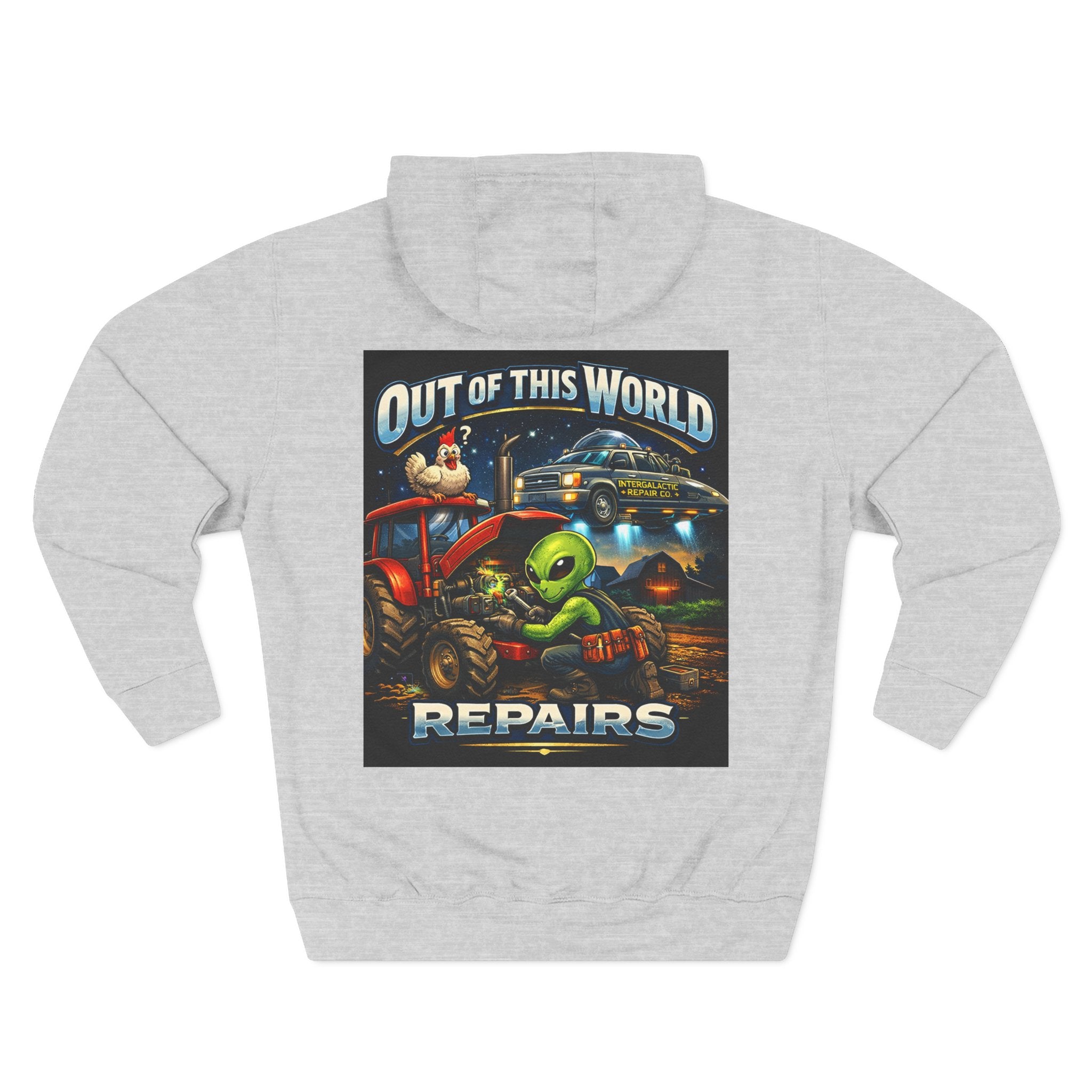 Alien Mechanic Hoodie — "Out of This World Repairs" Graphic Pullover