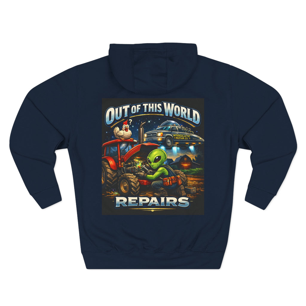 Alien Mechanic Hoodie — "Out of This World Repairs" Graphic Pullover