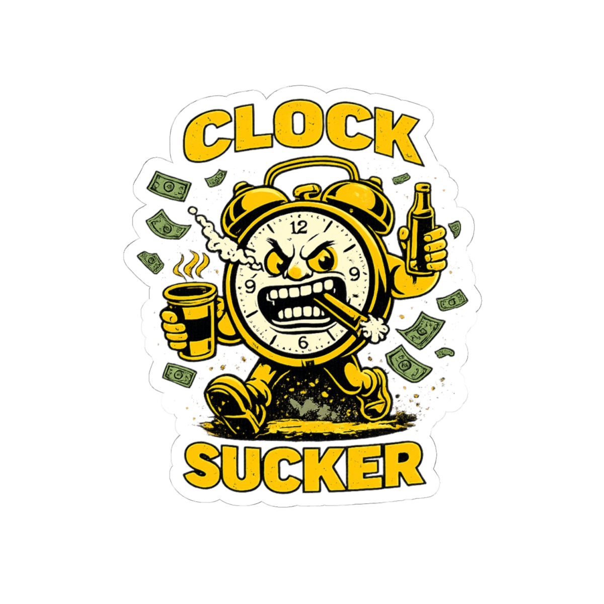Clock Sucker Sticker — Funny Retro Alarm Clock Character with Cash & Coffee