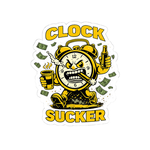 Clock Sucker Sticker — Funny Retro Alarm Clock Character with Cash & Coffee