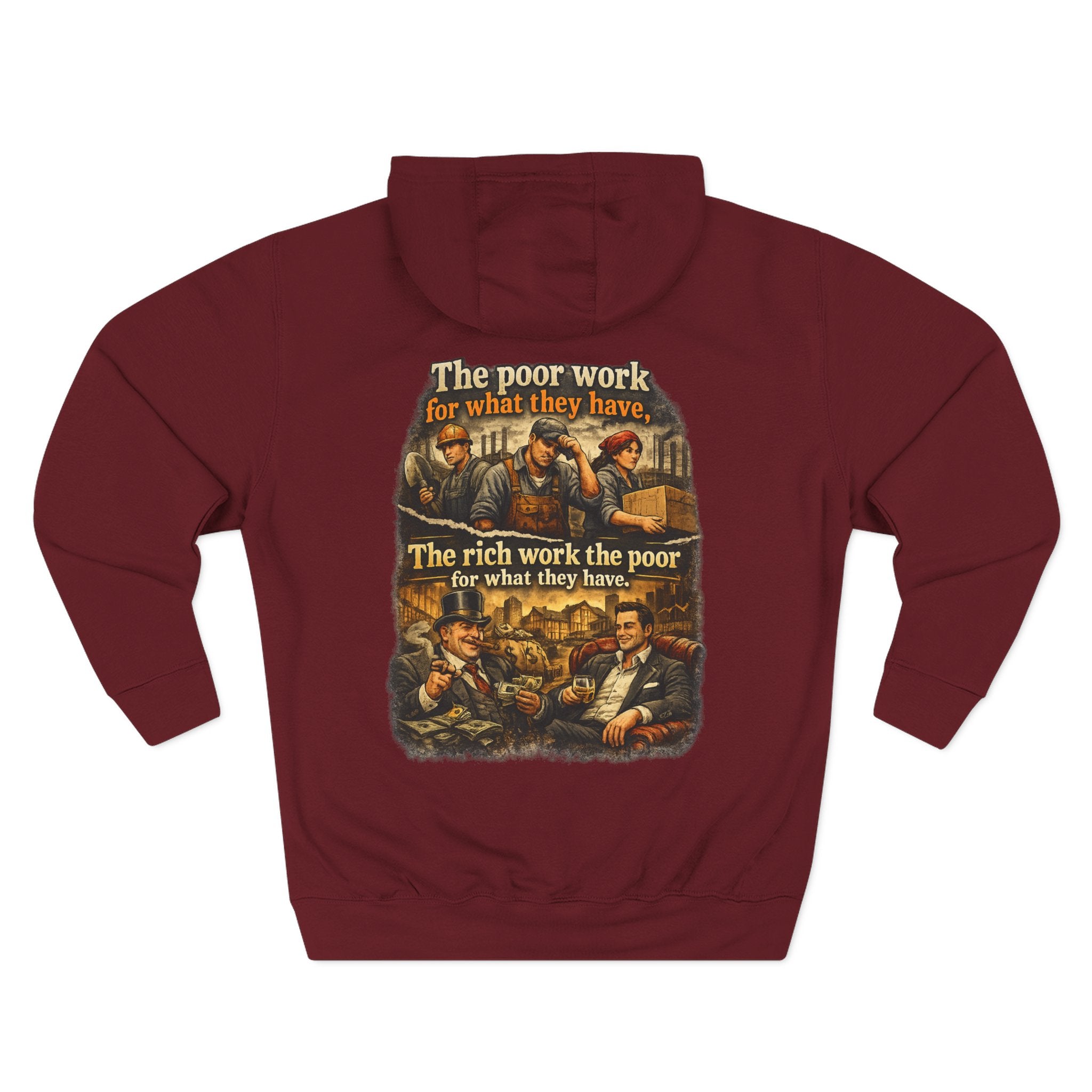 Three-Panel Fleece Hoodie — Vintage Worker vs. Rich Illustration Pullover