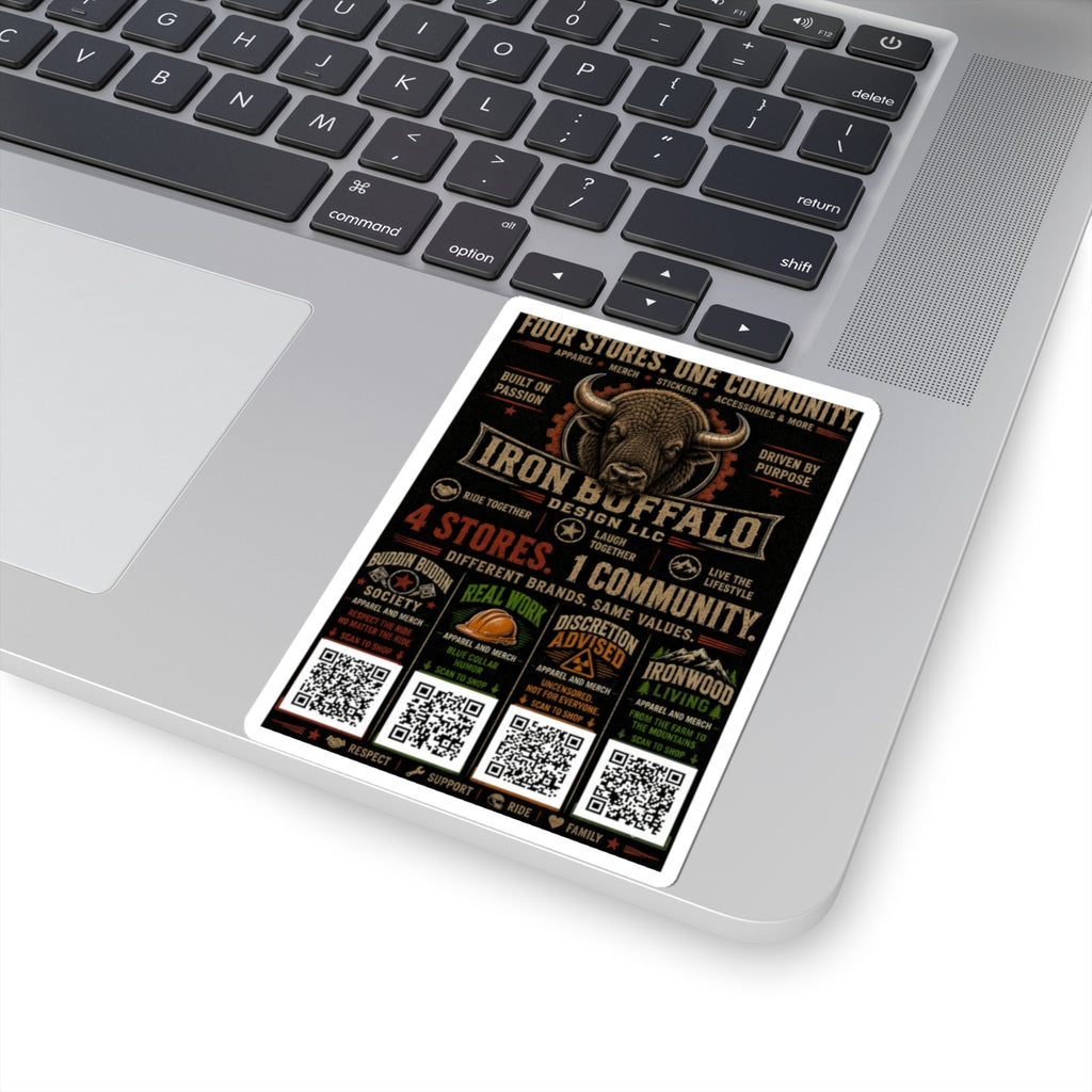 Iron Buffalo Kiss-Cut Sticker — '4 Stores. 1 Community.' Vintage Buffalo Logo Sticker