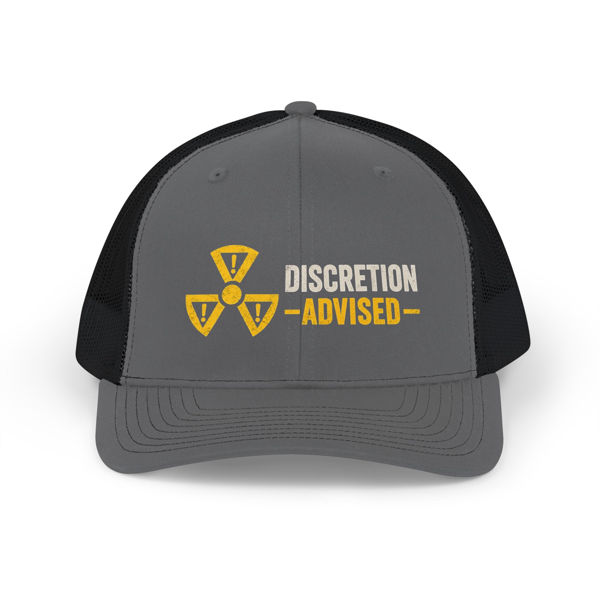 Discretion Advised Trucker Cap - Retro Radioactive Warning Snapback