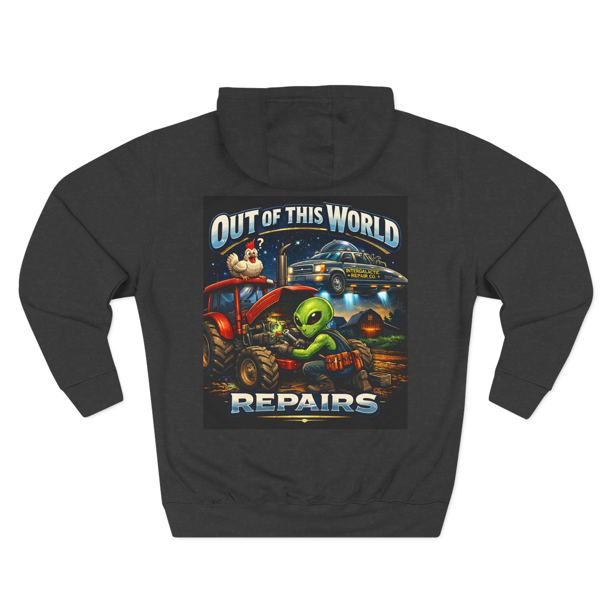 Alien Mechanic Hoodie — "Out of This World Repairs" Graphic Pullover