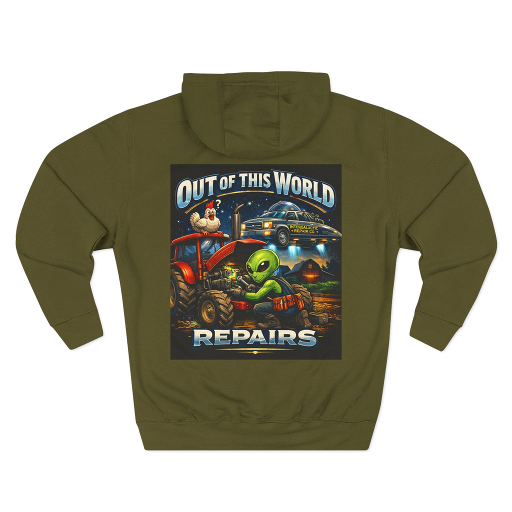 Alien Mechanic Hoodie — "Out of This World Repairs" Graphic Pullover