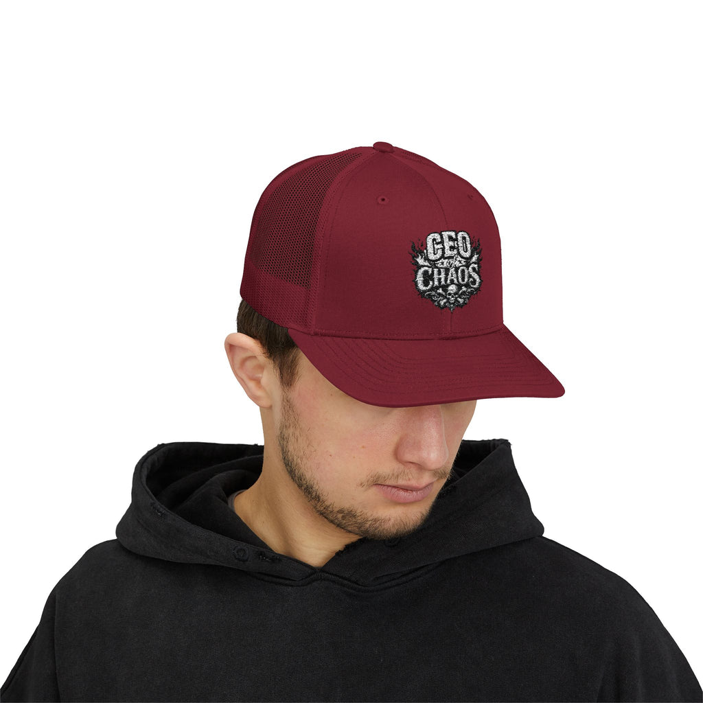CEO of Chaos Trucker Cap — Distressed Graphic Snapback Hat for Outdoor & Streetwear